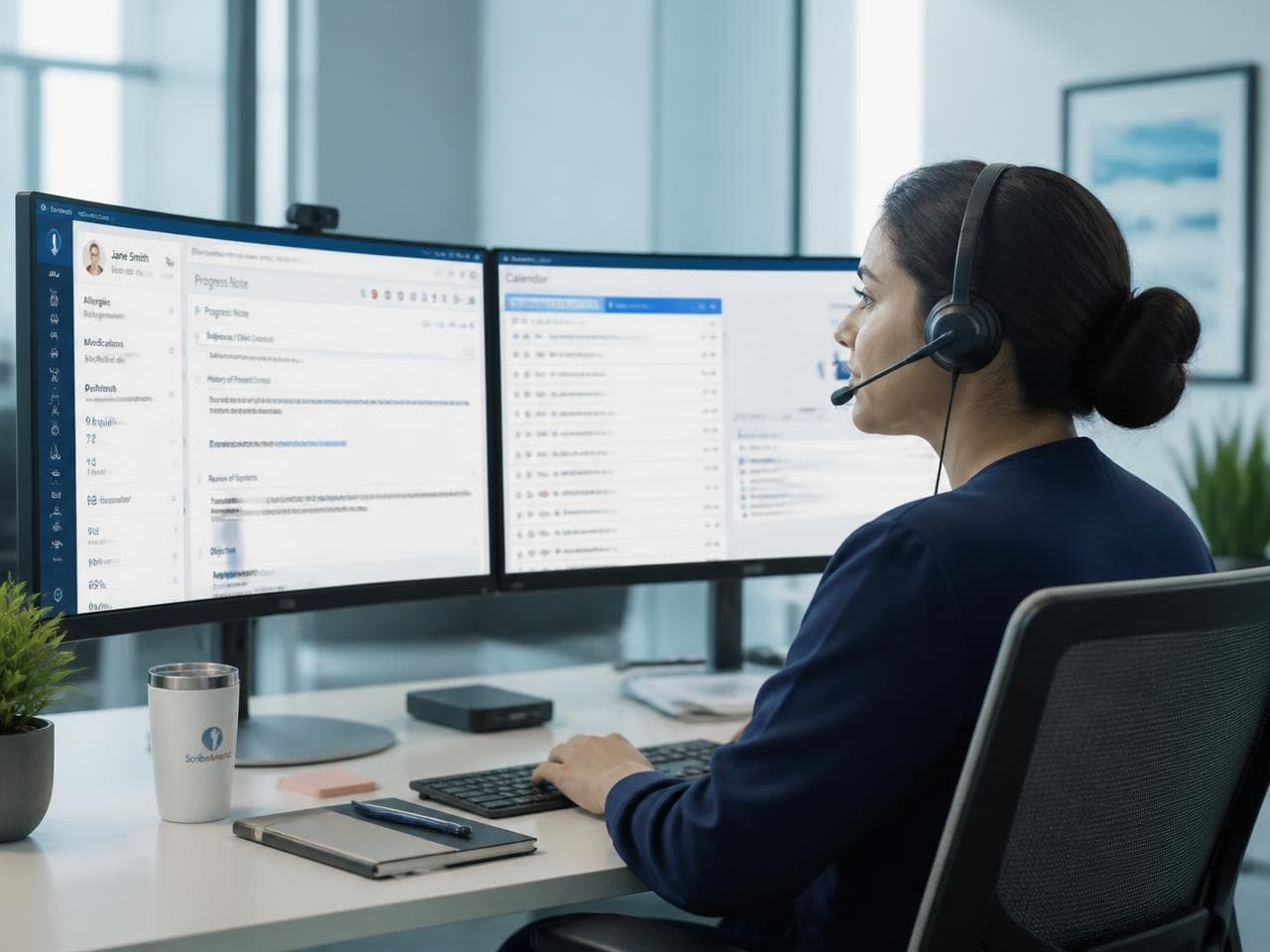 Remote medical scribe charting on dual monitors